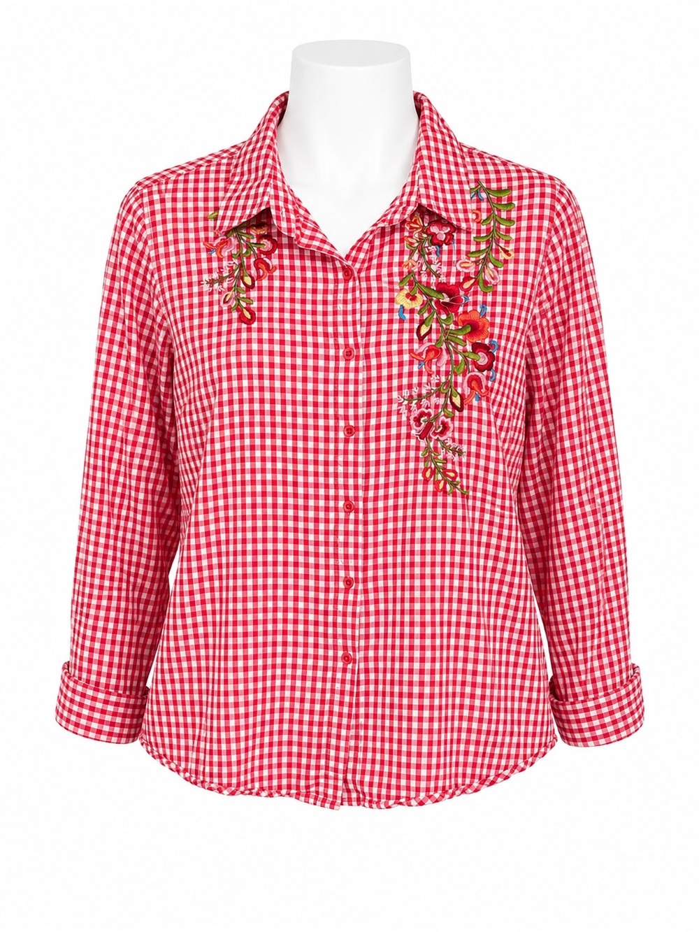 Size M‎ Princess Cruises Women’s Red Gingham Floral Embroidered Button-Up Shirt